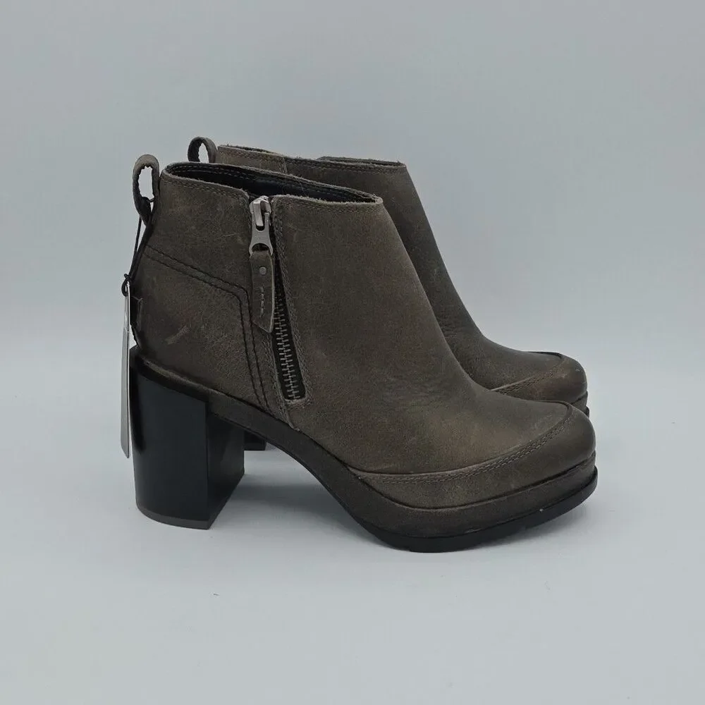 NWOB Sorel Blake Chunky Bootie Block Heel Quarry Gray Size 6.5 Side Zip Leather